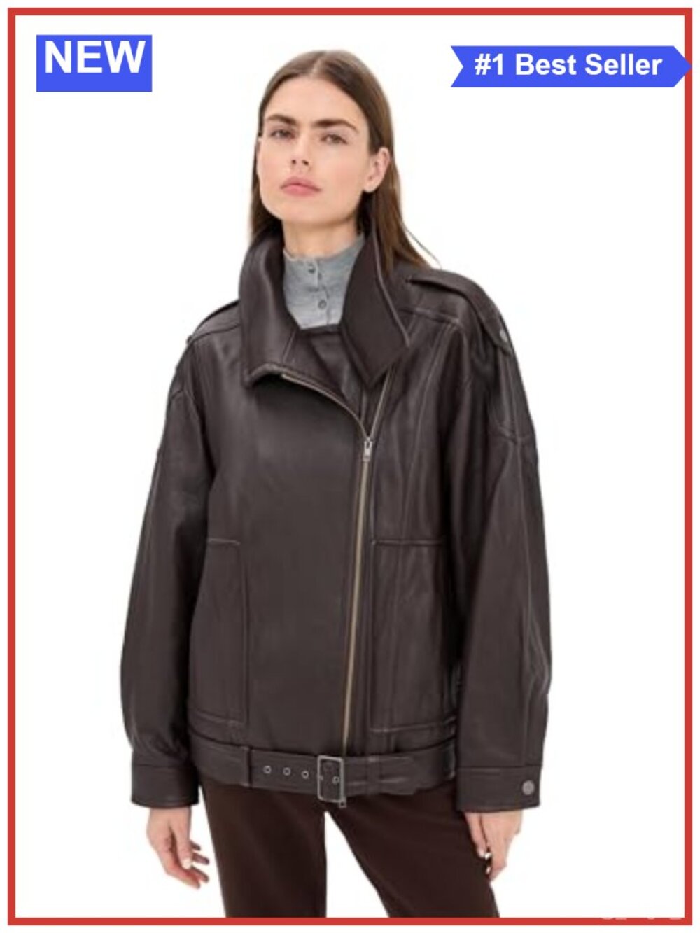 Leather Oversized Biker Jacket Long Sleeve Zip Moto